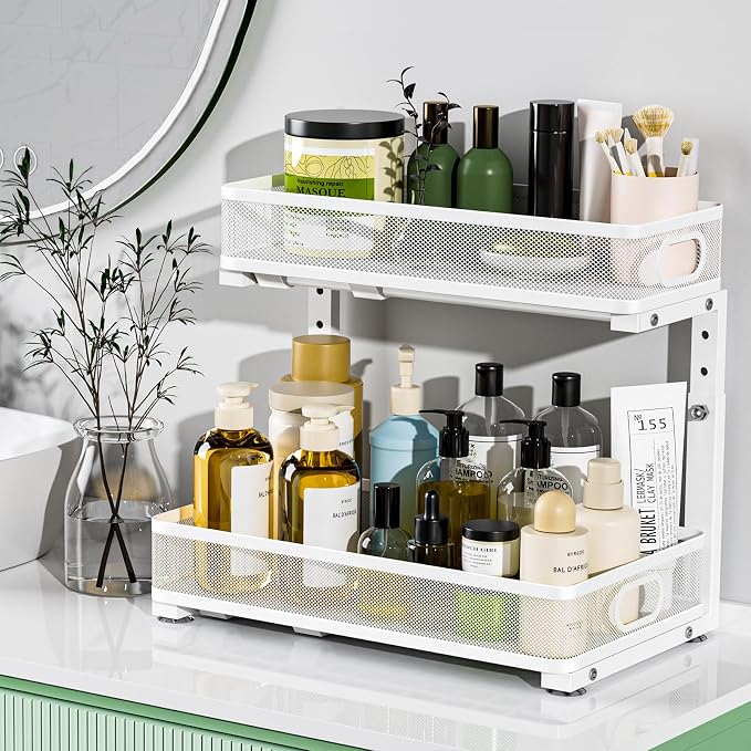Under Sink Organizer 2 Pack, High Adjustable 2 Tier Under Sink Organizers and Storage, Slide out Metal Cabinet Organizers, Pull out Storage Drawer Shelf for Kitchen Bathroom Cabinet (White)