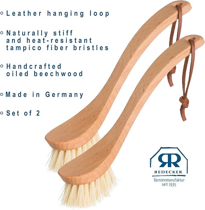 Redecker Dish Brush Set, Tampico Fiber, Curved Handle, 2 Pack – Wrap-Around Design for Everyday Cleaning, Made in Germany