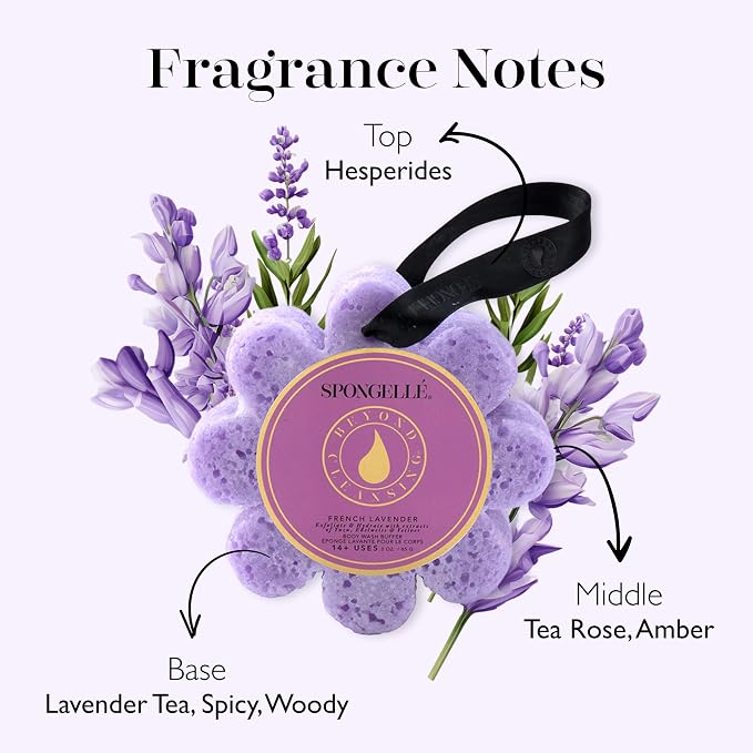 Spongellé French Lavender Wild Flower Bath Sponge | Built-in Body Wash & Body Scrubber, Shower Loofah Sponge for Women | 14+ uses