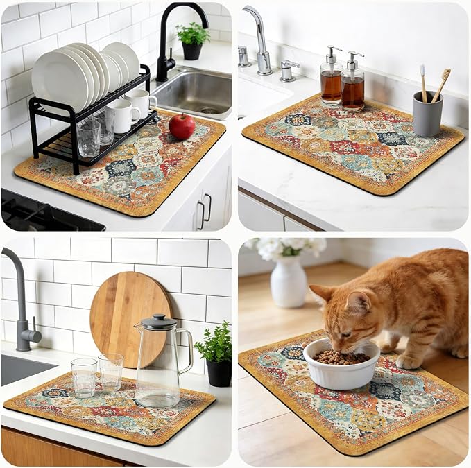 Dish Drying Mat, Vintage Rustic Boho Kitchen Dishes Absorbent Pad, 12x20in | Eco-friendly diatomite with non-slip rubber backing. Super absorbent mat for kitchen counters, coffee bars & sinks