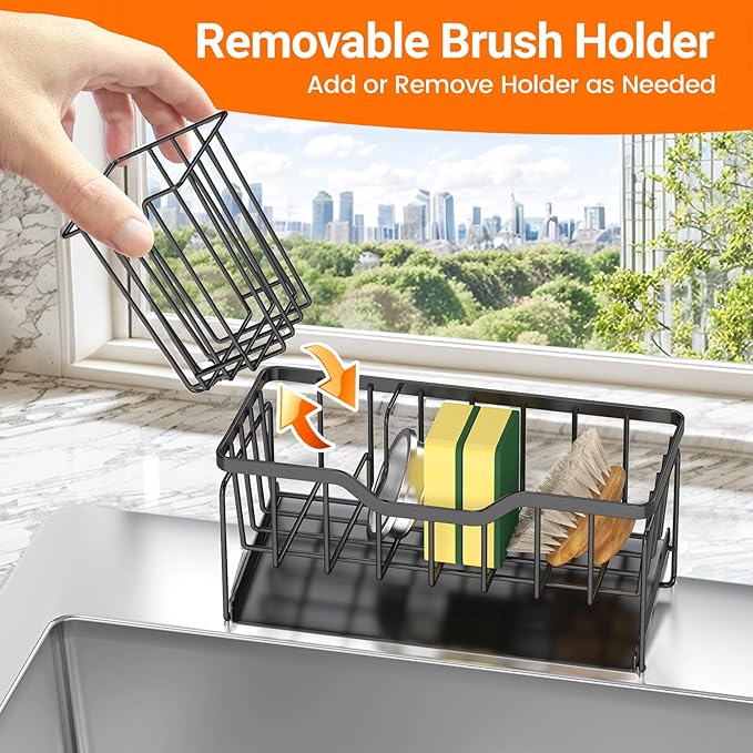 StorageRight Kitchen Sink Caddy Organizer, Rustproof Sponge Holder for Kitchen Sink, Instant Dry High Brush Holders with Drain Tray, Anti-Slip Storage Organization Essentials, Black