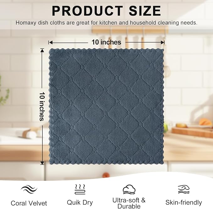 Homaxy 12 Pack Kitchen Dish Cloths (10 x 10 Inches, Dark Grey), Super Soft and Absorbent Coral Velvet Dish Towels, Nonstick Oil Fast Drying Microfiber Cleaning Cloth, No Lint Household Dishcloths