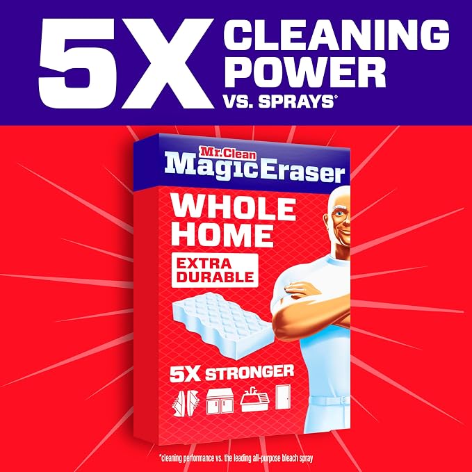 Mr. Clean Magic Eraser Sponge, All Purpose Cleaner, Cleaning Scrubber, Wall, Sneaker, Kitchen, Bathroom, Shower Cleaning Supplies, Melamine Sponge, Cleaning Pads, Whole Home Extra Durable, 12ct