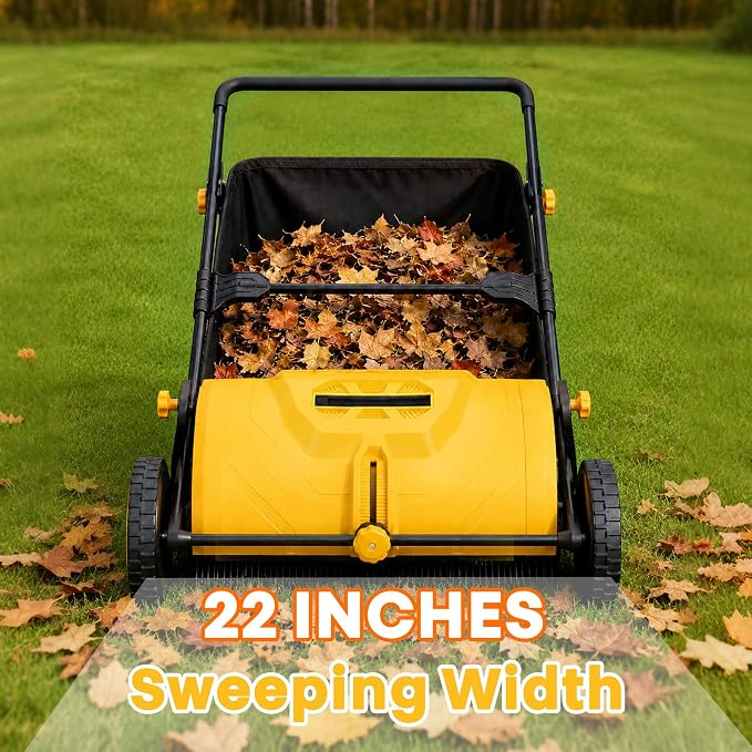 22-Inch Push Lawn Sweeper, Leaf & Grass Collector for Clippings, Wet Leaves & Twigs with 3.5 Ft³ Hopper Bag, 10-Inch All-Terrain Wheels, Adjustable Sweeping Height, Leaf Sweeper for Lawn, Yard, Garden
