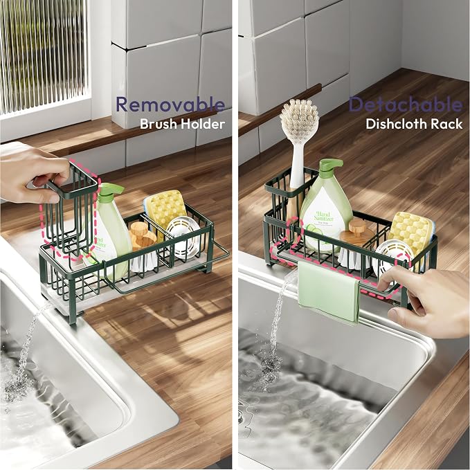 SWTYMIKI Sponge Holder for Kitchen Sink - Sink Caddy with Brush Holder Self-draining Sponge Caddy Organizer with Divider Stainless Steel Kitchen Accessories Storage for Countertop, Green