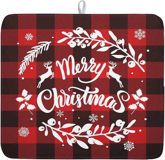 Merry Christmas Dish Drying Mat for Kitchen Counter, Red Buffalo Plaid Kitchen Drying Mat Microfiber Absorbent Dishes Pad Winter Xmas Dish Drainer Rack Mats Fast Dry Kitchen Accessories 16”x18”