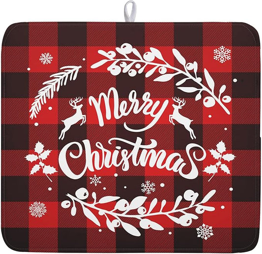 Merry Christmas Dish Drying Mat for Kitchen Counter, Red Buffalo Plaid Kitchen Drying Mat Microfiber Absorbent Dishes Pad Winter Xmas Dish Drainer Rack Mats Fast Dry Kitchen Accessories 16”x18”