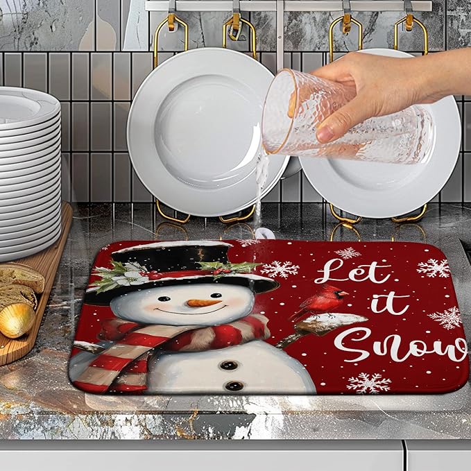 Snowman Christmas Dish Drying Mat Winter Drying Mats for Kitchen Counter Xmas Holiday Red Dish Draining Mat Microfiber Absorbent Reusable Dish Rack Pad 16x18 Inch