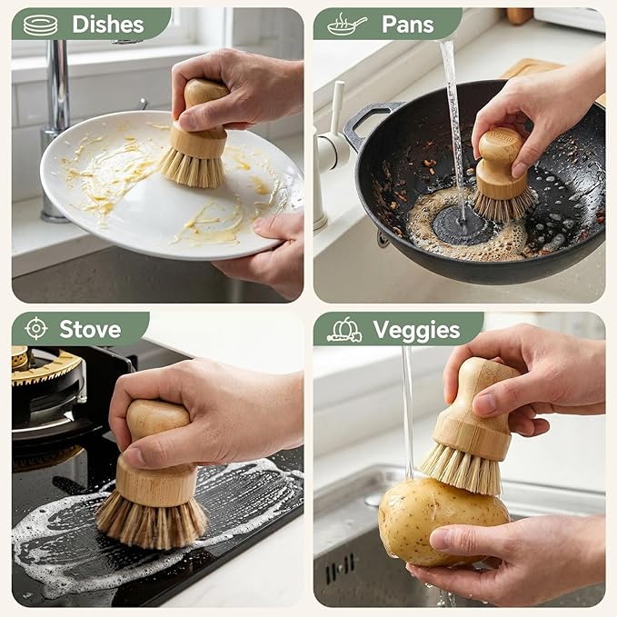 Bamboo Dish Brush Set, 4 Pack, Plastic-Free (2 Medium Sisal, 2 Firm Coconut Coir), Dish Scrubber & Vegetable Brush for Cast Iron, Nonstick