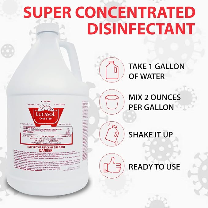 Lucasol One Step Disinfectant, 1 Gallon & 24 Oz Empty Refillable Spray Bottle Combo. All Purpose Cleaner Spray For Hospitals, Schools, Salons, Household Cleaning And More
