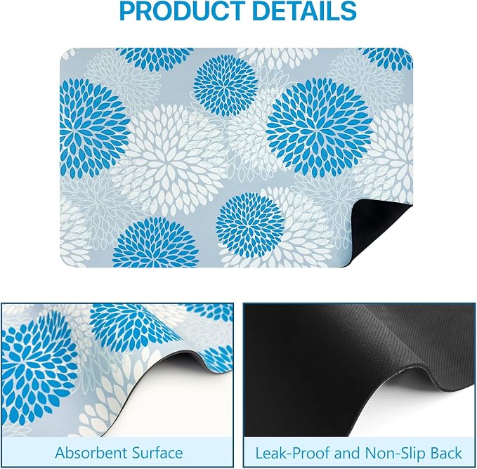 Dish Drying Mat, Dish Mat Drying Kitchen Mat with Rubber Backed, Hide Stain Kitchen Super Absorbent Draining Mat, Easy to Clean Dish Rack Pad for Dishes Countertop (Blue Floral, 12" x 19" )