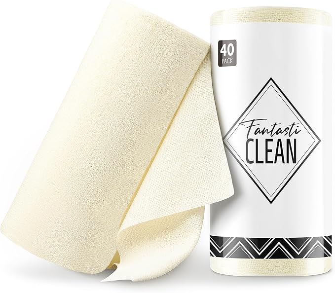 Fantasticlean Microfiber Cleaning Cloth Roll- 40 Sheets, 12" x 12" (Beige) | Super Absorbent, Lint-free, Tear-away Microfiber Towel Roll, for All-Purpose Cleaning, Reusable Alternative to Paper Towels