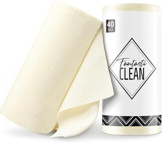 Fantasticlean Microfiber Cleaning Cloth Roll- 40 Sheets, 12" x 12" (Beige) | Super Absorbent, Lint-free, Tear-away Microfiber Towel Roll, for All-Purpose Cleaning, Reusable Alternative to Paper Towels