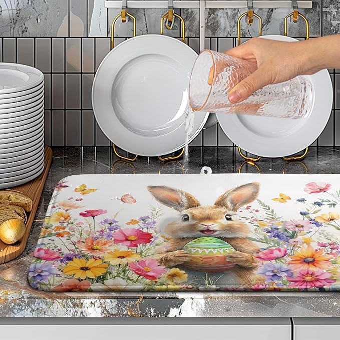 Spring Easter Dish Drying Mat for Kitchen Counter Easter Bunny Rabbit Eggs Flowers Dishes Drainer Mats 18x24 Microfiber Absorbent Large Dish Drying Pad for Kitchen Countertop Tableware Decor
