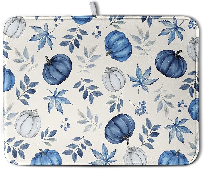 Fall Dish Drying Mat Blue Pumpkin Maple Leaves Drying Mats for Kitchen Counter 18x24 Inch Autumn Thanksgiving Absorbent Microfiber Dish Draining Mat Dishes Pad with Hanging Loop