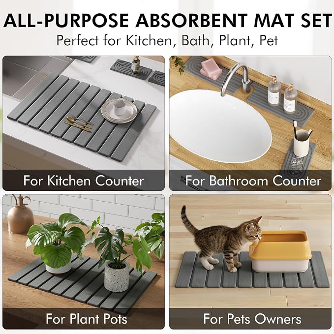 4 Pcs Stone Dish Drying Mat for Kitchen Counter, 24''x16'' Super Absorbent Diatomaceous Earth Stone Drying Mat Faucet Mat with 2 Coasters, Quick Dry Mat for Kitchen Counter Dishes Cups
