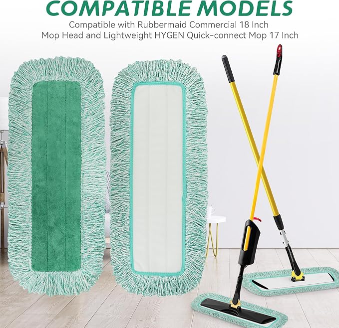 Dust Mop Pads for Rubbermaid Commercial Microfiber Dust Mops - 18 inch Mop Head Replacement with Fringe - Reusable Wet & Dry Cleaning Flat Mops System 18" 17" Refill for Multi-Surface Floor - 4 Pack