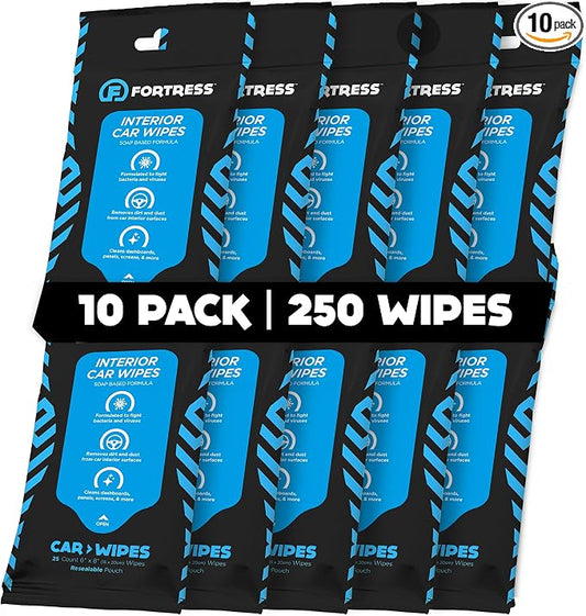Fortress Car Interior Wipes (25 ct, Pack of 10) for Car Interior Cleaning, Dashboard, Seats, Detailing, and Steering Wheel [Travel Size] Skin-Safe Car Interior Cleaner Supplies
