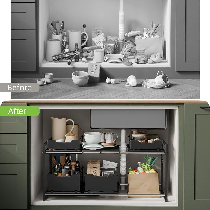 NETEL Adjustable Under Sink Organizers and Storage,Expandable Cabinet Storage Shelf with 4 Pull Out Baskets