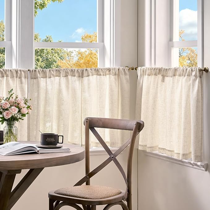 jinchan Linen Kitchen Tier Curtains, 38x24, 2 Panels, Natural | Light filtering, linen blend, rod pocket, farmhouse style, rustic decor, kitchen, bathroom, laundry room, RV, small windows