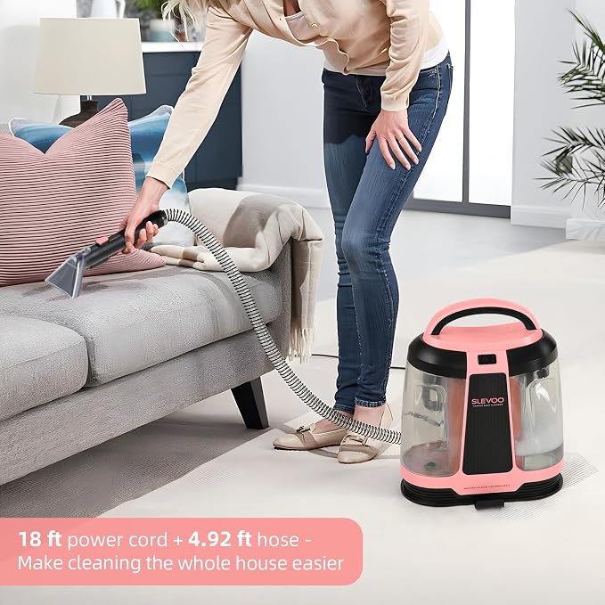 Slevoo 450W Portable Carpet Cleaner Machine with 1 Bottle Cleaning Solutions, Strong Suction Upholstery and Furniture Cleaner for Cleaning Stairs, Car Interiors, for Pet Footprint, Dust, Oil