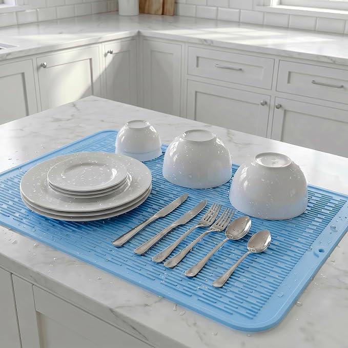 MicoYang Silicone Dish Drying Mat for Multiple Usage,Easy clean,Eco-friendly,Heat-resistant Silicone Mat for Kitchen Counter or Sink,Refrigerator or Drawer Liner Light Blue 5XL 36inches x 18inches