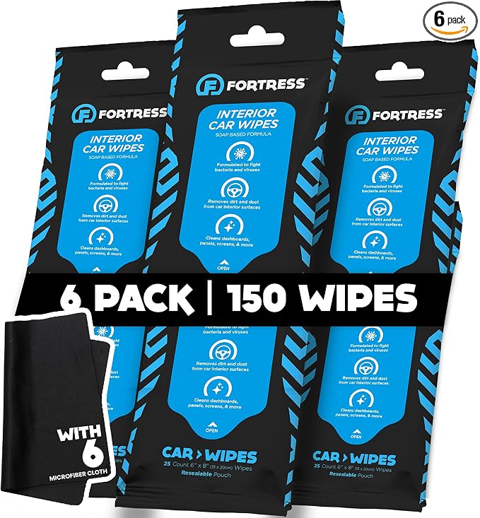 Fortress Car Wipes with Microfiber Cloth (25 ct, Pack of 6) for Interior Cleaning, Dashboard, Seats, Detailing, Steering Wheel [Travel Size] Skin-Safe Cleaner Supplies