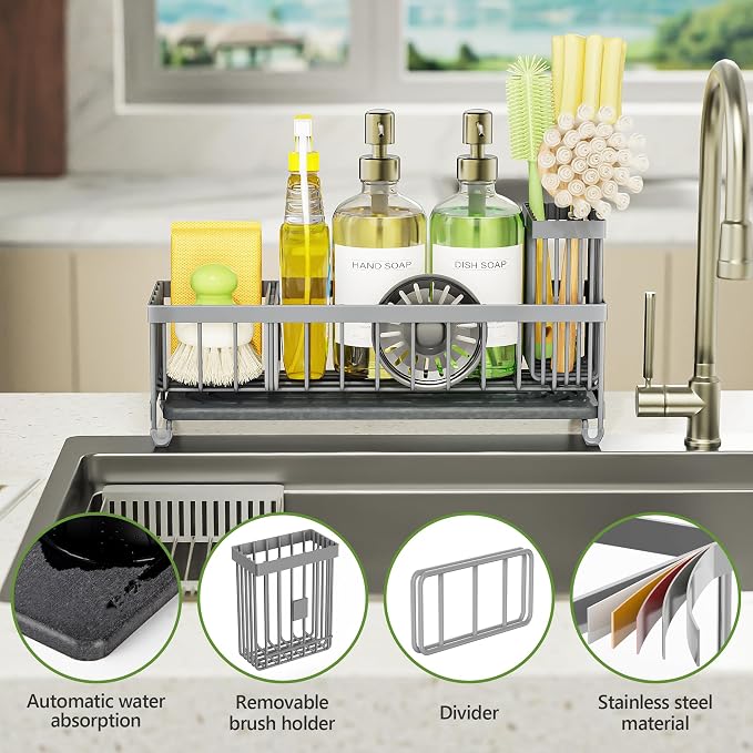 Cisily Extra Large Sink Caddy Organizer with Drying Stone, Gray Sponge Holder for Kitchen, Dish Brush Holder for Countertop, Kitchen Decor Storage and Essentials