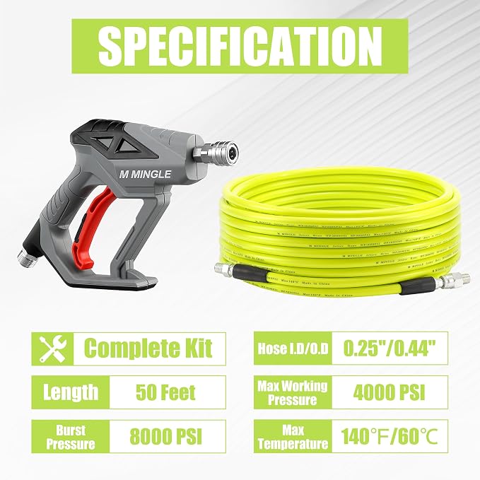 M MINGLE Sewer Jetter Kit for Pressure Washer 50 FT | Drain Cleaner Hose with Power Washer Gun, 1/4 Inch NPT Corner Rotating and Button Nose Sewer Jetting Nozzle, Orifice 4.0, 4.5