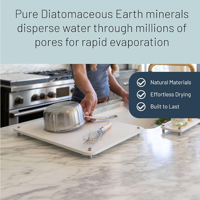 LARGE White Stone Dish Drying Mat for Kitchen Counter - Premium Diatomaceous Earth Mat | Quick Drying, Super Absorbent | (19" x 15") Non-Toxic, BPA-Free, Eco-Friendly | Female Founded USA Brand