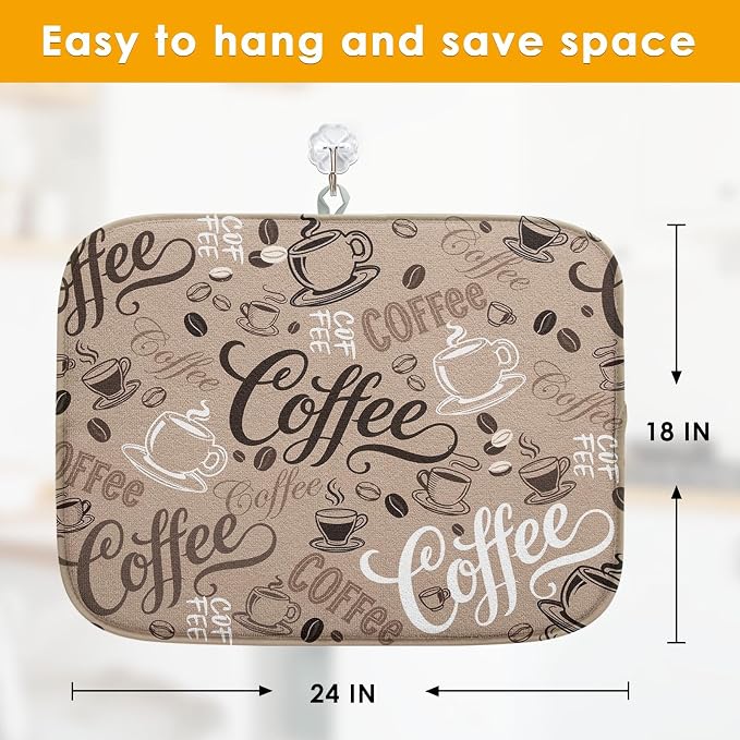 Sanwarm Absorbent Dish Drying Mat, First Coffee Cute Doodle Chalkboard Microfiber Pad for Kitchen Counter, Coffee Bar Decor, Heat Resistant and Reversible, 18" x 24"