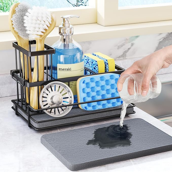 HapiRm Sink Caddy Sponge Holder - Kitchen Sink Organizer with Instant Drying Stone and Brush Holder, Stainless Steel Bathroom Counter Organizer - Black