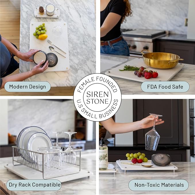 LARGE White Stone Dish Drying Mat for Kitchen Counter - Premium Diatomaceous Earth Mat | Quick Drying, Super Absorbent | (19" x 15") Non-Toxic, BPA-Free, Eco-Friendly | Female Founded USA Brand