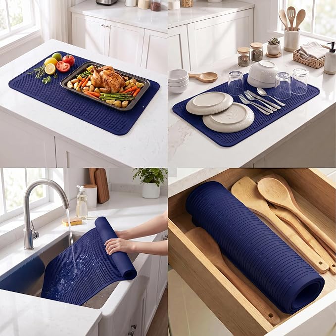 MicoYang Silicone Dish Drying Mat for Multiple Usage,Easy clean,Eco-friendly,Heat-resistant Silicone Mat for Kitchen Counter or Sink,Refrigerator or Drawer Liner Navy Blue 4XL 32 inches x 18 inches