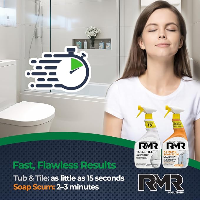 RMR Bathroom Breakthrough Bundle – Tub & Tile Cleaner + Xtreme Soap Scum Remover, 2-Step Deep Clean System for Shower, Tub, Tile, Grout, & Glass Buildup, Stains, & Grime, 2–32 Oz Bottles