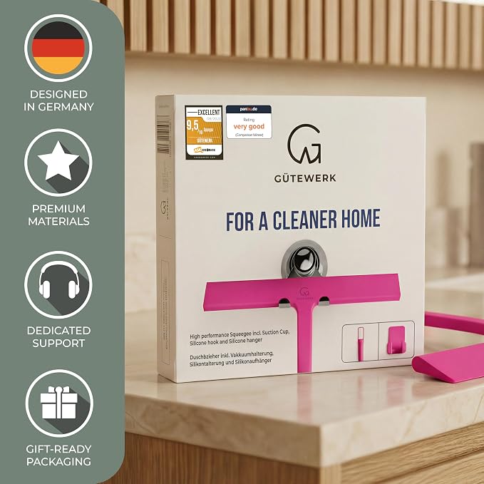 GÜTEWERK Silicone Shower Squeegee for Glass Doors & Mirrors with Stainless Steel Core, Streak-Free & No-Squeak Window Cleaning, 3-in-1 No-Drill Mount (Hook/Suction/Adhesive),Pink, 15 Inches