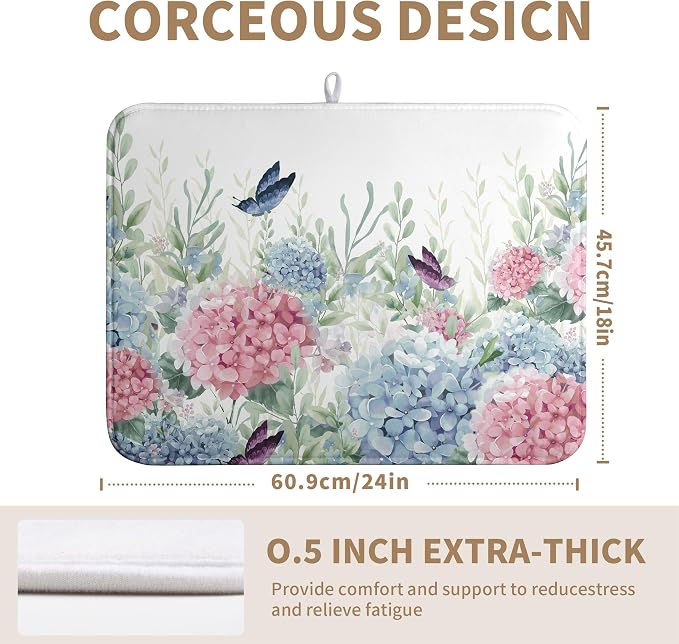 Spring Flowers Dish Drying Mat for Kitchen Counter Blue Pink Hydrangea Floral Drying Mats Absorbent Reversible Microfiber Dish Draining Mat Reusable Washable Dishes Pad Extra Large 18"x24"