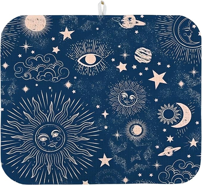 Dish Drying Mat for Kitchen Counter 16x18 Inch, Super Absorbent Dish Drainer Mat, Decorative Microfiber Dishes Drying Pad-Small(Navy Blue Moon)