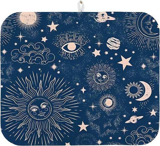 Dish Drying Mat for Kitchen Counter 16x18 Inch, Super Absorbent Dish Drainer Mat, Decorative Microfiber Dishes Drying Pad-Small(Navy Blue Moon)