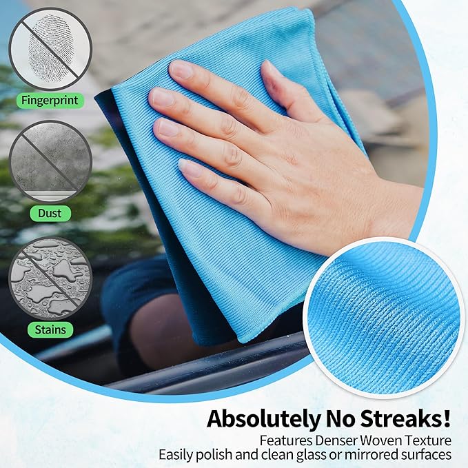 Microfiber Glass Cleaning Cloth, 12 Pack Window Glass Cleaning Rags, Reusable Lint-Free Streak Free Polishing Cloth Wipes for Stainless Steel, Eyeglasses, Mirrors, Screens & Lenses,12" 12"