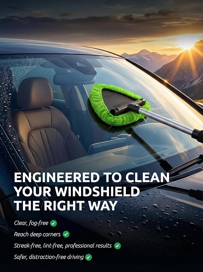 TAKAVU Window & Windshield Cleaner, Extendable, 3 Microfiber Pads (Green) | Pivoting Triangle Head Wiper Cleans Interior & Exterior Glass, 3 Washable Reusable Bonnets, Lint-Free