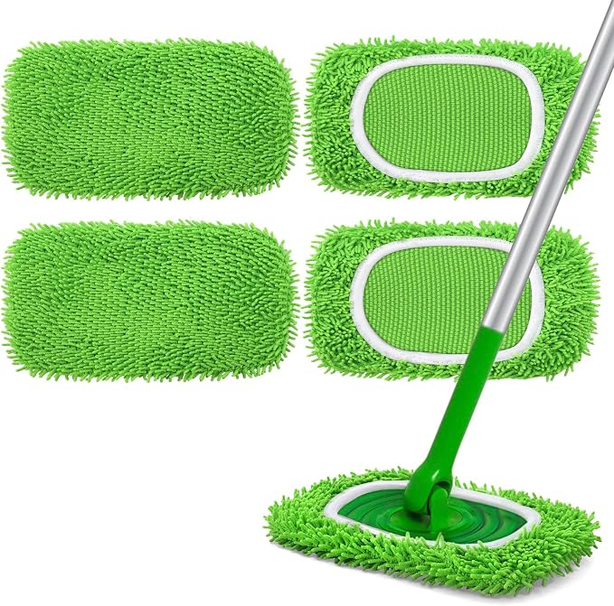 Reusable Microfiber Mop Pads Compatible with Swiffer Sweeper Mop | 4 Pack Dry Sweeping Cloths & Wet Mopping Cloths, Washable Chenille Wet Pads Refill for Mopping Floors (Mop is not Included)
