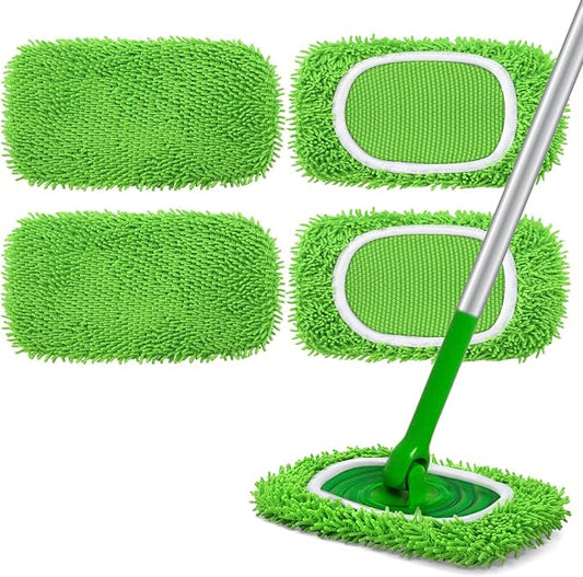 Reusable Microfiber Mop Pads Compatible with Swiffer Sweeper Mop | 4 Pack Dry Sweeping Cloths & Wet Mopping Cloths, Washable Chenille Wet Pads Refill for Mopping Floors (Mop is not Included)