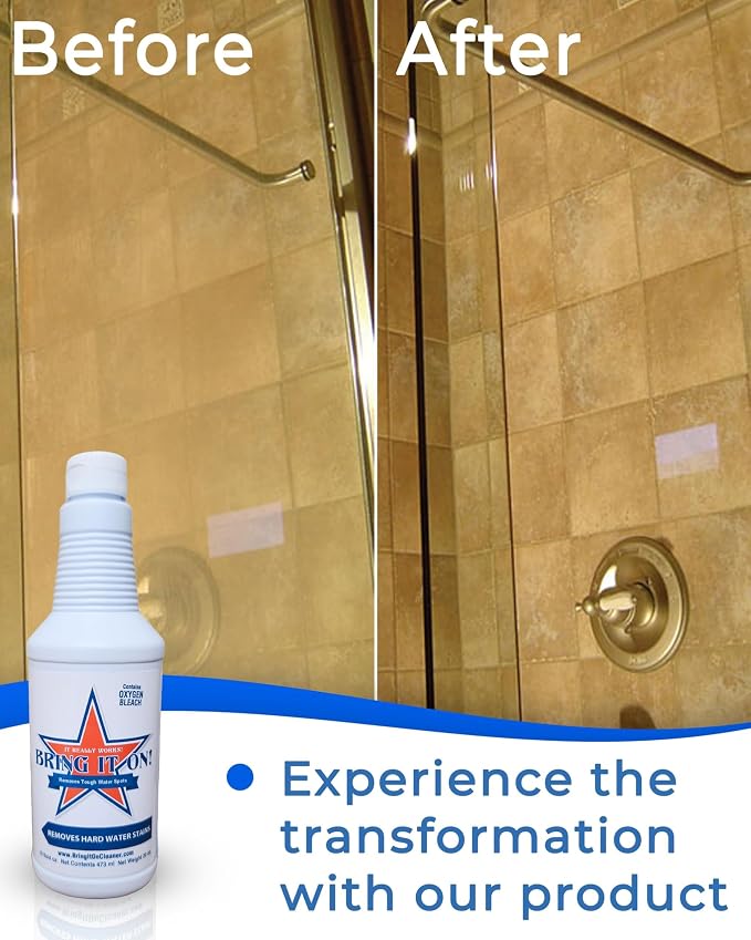 Bring It On Cleaner Hard Water Stain Remover 16 oz | Glass, Soap Scum Remover for Shower Glass, Fiberglass, Windows, Tile and Grout Cleaner, and Includes Scrubbing Drill Pads