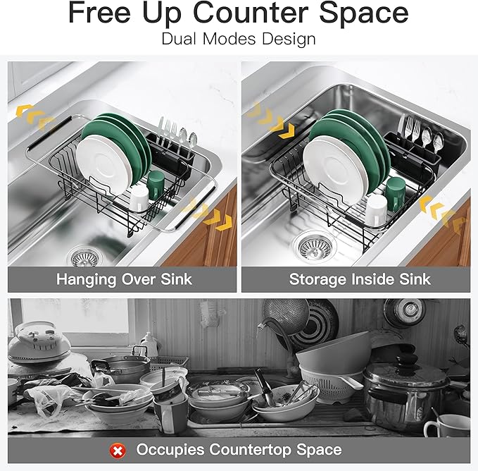 Apartment RV Small Dish Drainer Drying Rack Over The Sink In Stainless Steel for Narrow Kitchen, Counter Space Saving Compact Expandable Metal Plate Dryer Strainer, Black Adjustable Wire Drain Holder