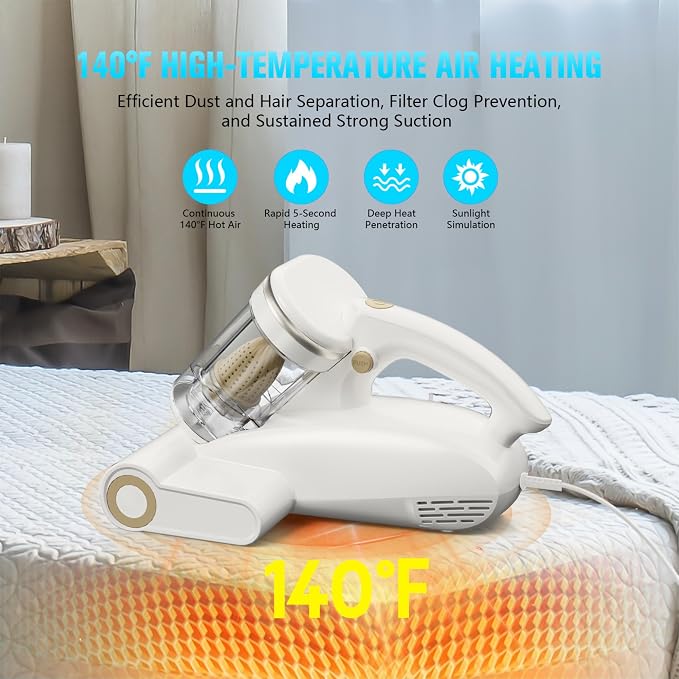 Bed Vacuum Cleaner Mattress Vacuum Cleaner,16Kpa Powerful Handheld Vacuums with UV-C Light & Double Dust Cup & High Heating & Ultrasonic & HEPA Filter for Bed Sofa(Corded,Grey White)