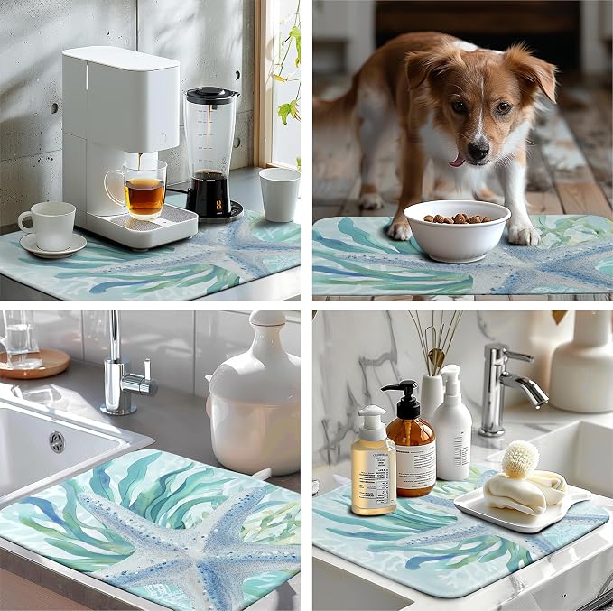 Summer Coastal Dish Drying Mats for Kitchen Counter Nautical Beach Starfish Coral Drying Pad Ocean Teal Blue Dish Draining Mats Absorbent Microfiber Dish Drainer Rack Mat Extra Large 18"x24"