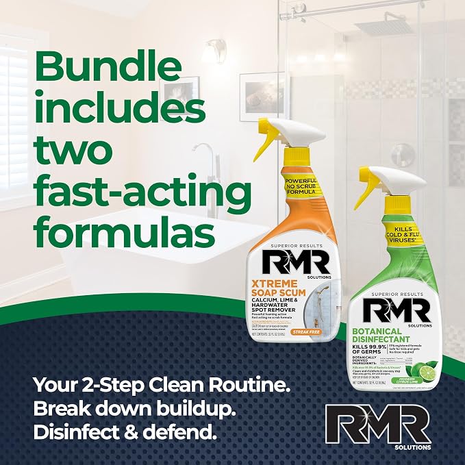 RMR Fresh Start System – Xtreme Soap Scum Remover + EPA-Registered Botanical Disinfectant Cleaner, Bathroom Cleaning & Disinfecting Bundle for Shower, Tub, Tile & Surfaces, 2–32 Oz Bottles