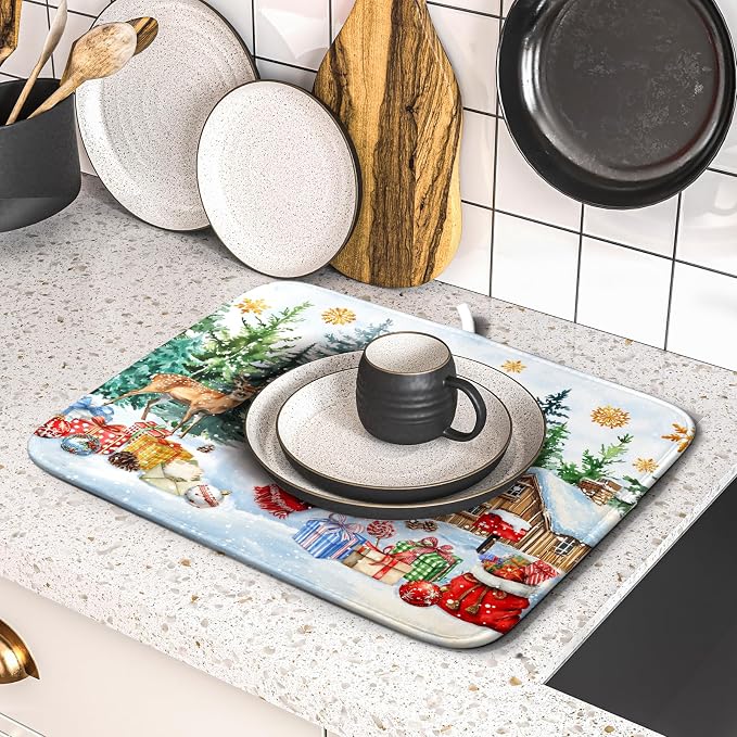 Christmas Kitchen Drying Mat 16 x 18 Inch Winter Snowflake Drying Pad Snowman and Tree Pattern Absorbent Reversible Microfiber Mats Dish Rack Pad Drainer Mat for Coffee Bar Decor