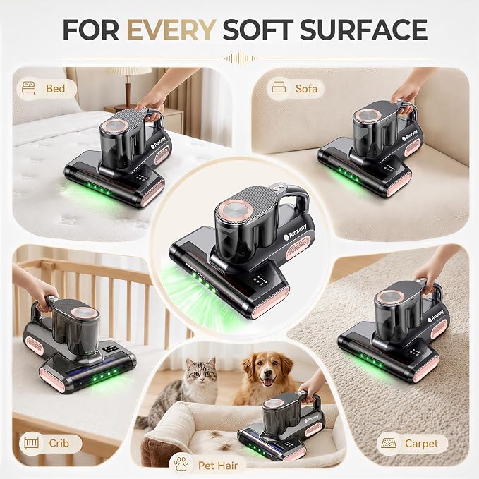 Amzany Mattress Vacuum Cleaner, 18Kpa Cordless Bed Vacuum with 253.7nm UV-C Light, 140°F Heat, HEPA Filter & Ultrasonic, Green Light Display & 52800 BPM Tapping for Bed Sofa Couch Pet Hair